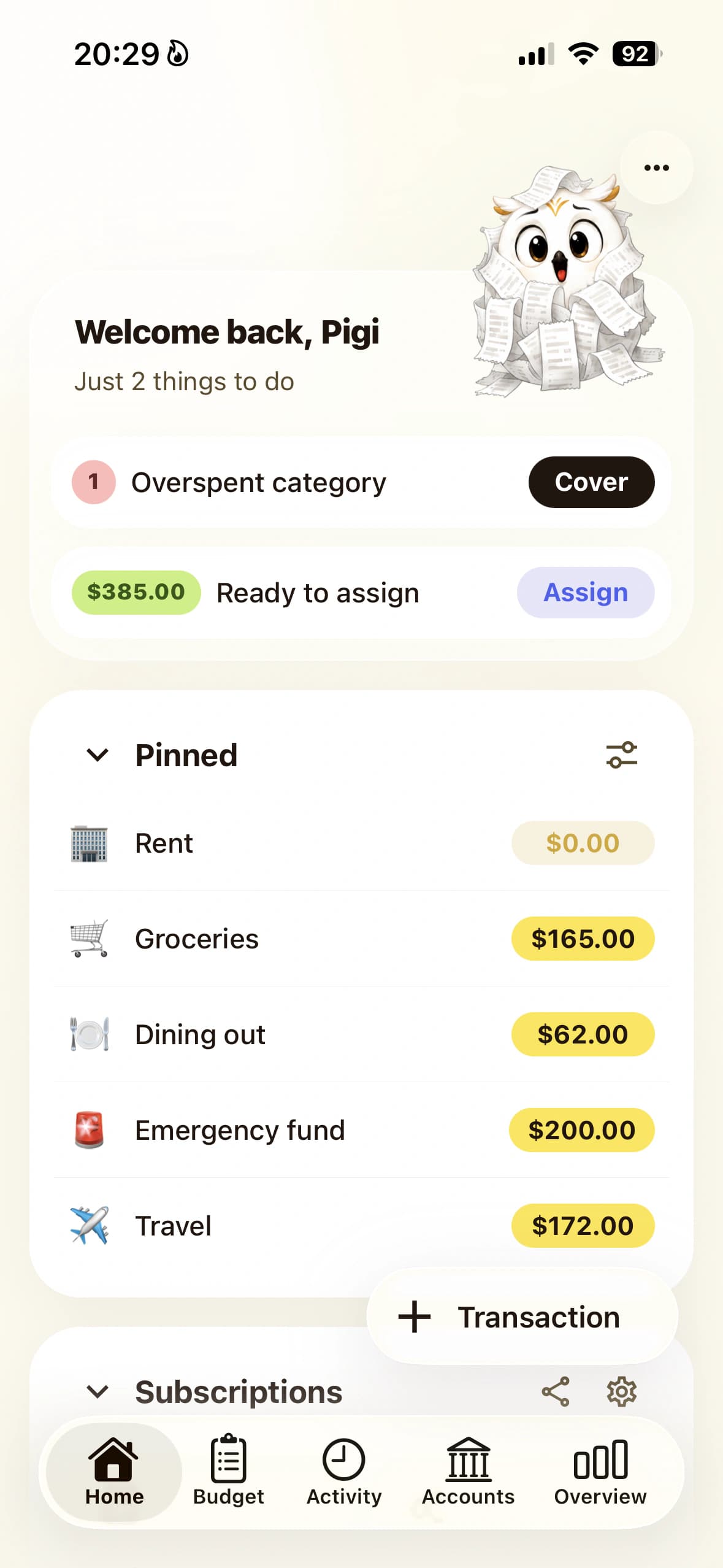 Pigi monthly plan screen