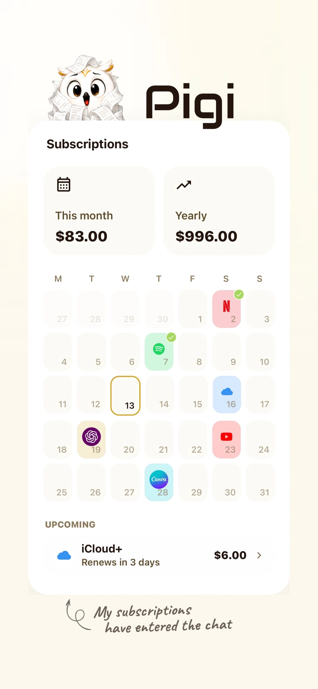 Pigi subscriptions screen showing recurring charges