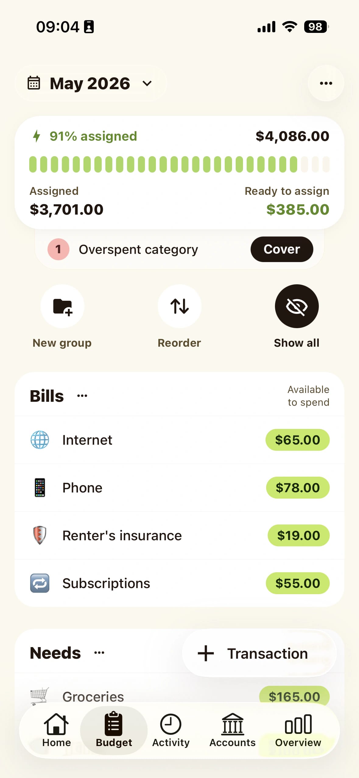 Pigi budget screen showing assigned category amounts