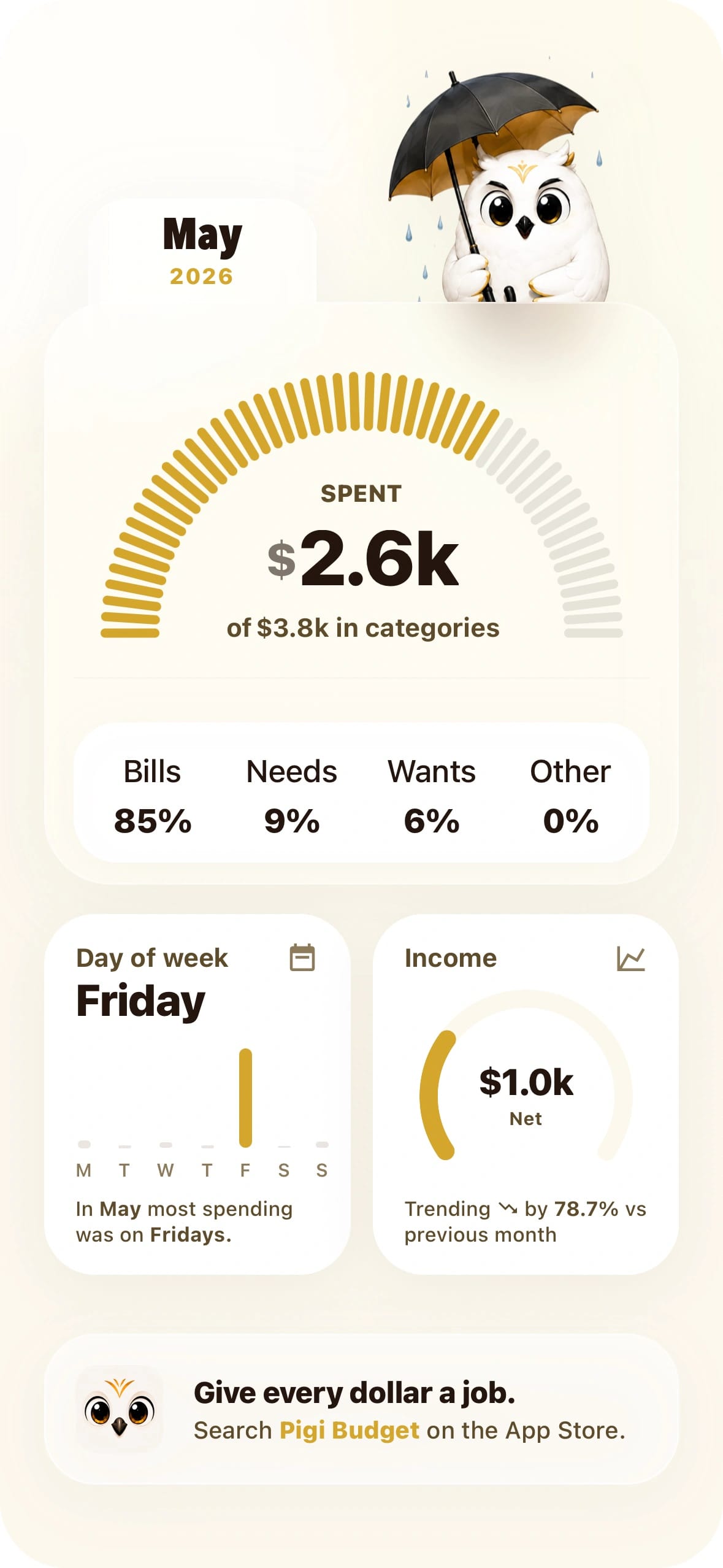 Pigi overview screen showing monthly spending and income insights